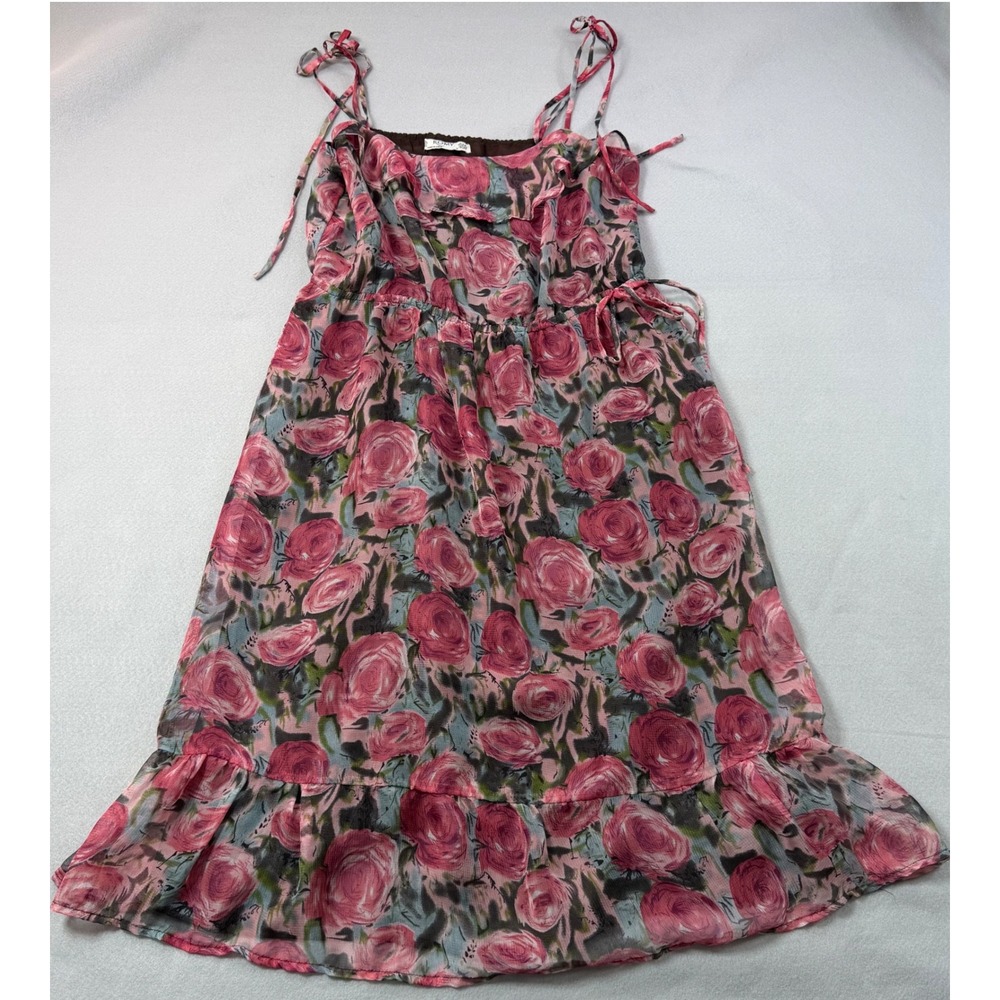 Romy Pink Floral Rose Print Tie Strap Ruffle Mini Dress Medium